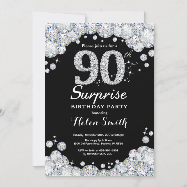 Surprise 90e anniversaire Invitation Silver Diamon (Devant)