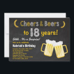 Surprise Cheers and Beers 18th Birthday Invitation<br><div class="desc">Surprise Cheers and Beers Invitation du 18e anniversaire. Anniversaire adulte. Anniversaire de la bière pour hommes. Tableau noir et blanc Arrière - plan. Pour plus de personnalisation,  cliquez sur le bouton "Customiser" et utilisez notre outil de conception pour modifier ce modèle.</div>