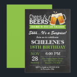 Surprise Cheers and Beers 18th Birthday Invitation<br><div class="desc">Surprise Cheers and Beers 18th Birthday Invitation Card. Anniversaire adulte. Green. 16ème 18ème 20ème 30ème 40ème 50ème 60ème 70ème 80ème 90ème 100ème. N'Importe Quel Âge. Pour plus de personnalisation,  cliquez sur le bouton "Customiser" et utilisez notre outil de conception pour modifier ce modèle.</div>