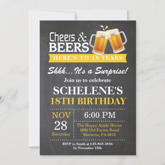 Surprise Cheers and Beers 18th Birthday Invitation (Devant)