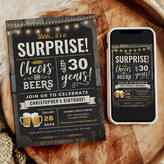 Surprise Cheers and Beers 30th Birthday Invitation