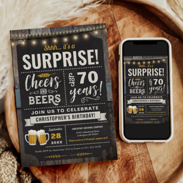 Surprise Cheers and Beers Invitation 70e anniversa (Surprise Cheers and Beers 70th Birthday Invitation)