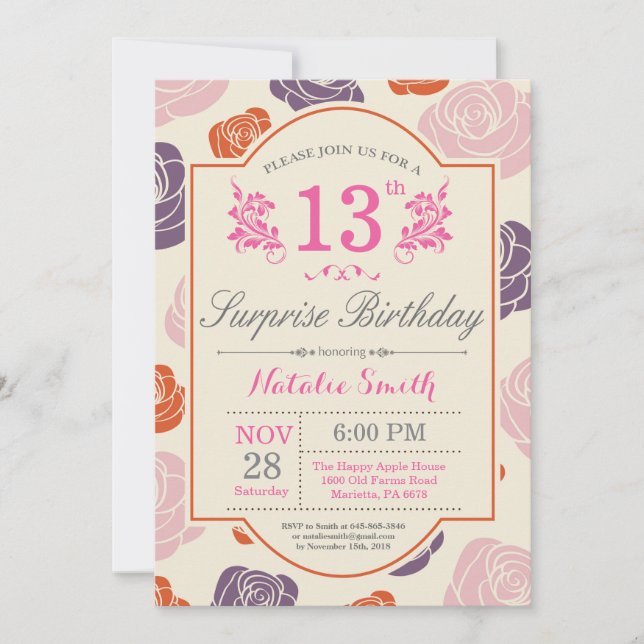 Surprise Floral 13e anniversaire Invitation Rose r (Devant)