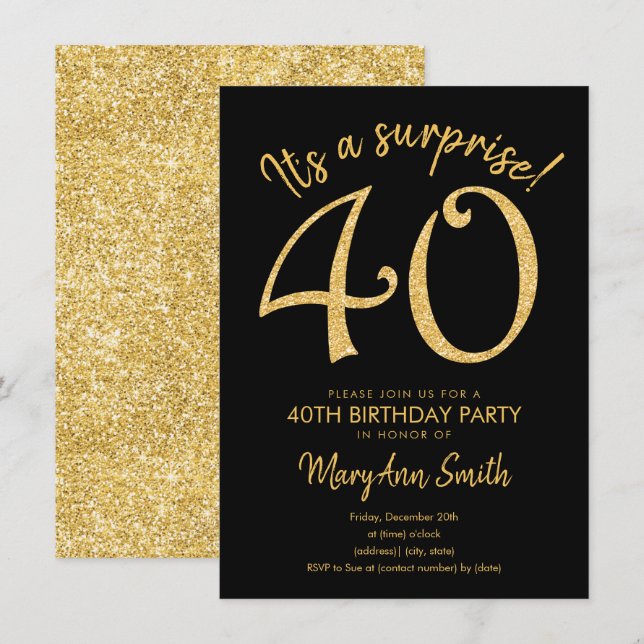 Surprise Forty Gold 40th Birthday Party Invitation (Devant / Derrière)