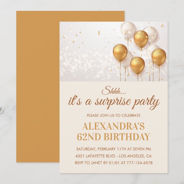 Surprise Gold Ballons 62e anniversaire invitations (Devant / Derrière)