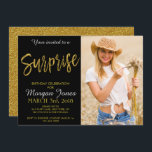 Surprise Gold Foil Invitation Anniversaire<br><div class="desc">Surprise Black et Faux Gold Foil Élégante Invitation d'anniversaire. La photo dans cette invitation peut être mise à jour ainsi que le nom,  la date et l'emplacement.</div>