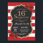Surprise Red Rose 16e anniversaire Invitation Or<br><div class="desc">Surprise Red Rose 16e anniversaire Invitation Parties scintillant d'or. Invitation de fête d'anniversaire noir et or. Parties scintillant or. Rouge et blanc. Tableau de bord. Numérique imprimable. Pour plus de personnalisation,  cliquez sur le bouton "Customiser" et utilisez notre outil de conception pour modifier ce modèle.</div>