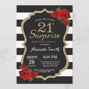 Surprise Red Rose 21st Birthday Invitation Gold