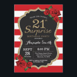 Surprise Red Rose 21st Birthday Invitation Gold<br><div class="desc">Surprise Red Rose 21st Birthday Invitation Gold Parties scintillant. Invitation de la fête d'anniversaire Black and Gold. Parties scintillant d'or. Des rayures rouges et blanches. Tableau de bord. Numérique imprimable.
Pour plus de personnalisation,  cliquez sur le bouton "Customiser" et utilisez notre outil de conception pour modifier ce modèle.</div>