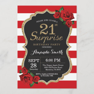 Surprise Red Rose 21st Birthday Invitation Gold
