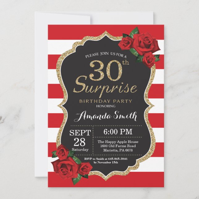 Surprise Red Rose 30e anniversaire Invitation Or (Devant)