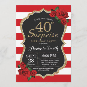 Surprise Red Rose 40e anniversaire Invitation Or