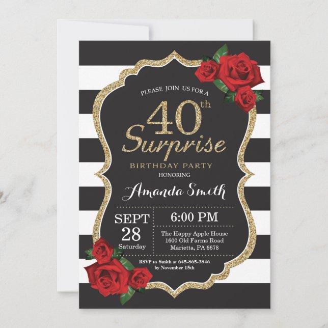 Surprise Red Rose 40e anniversaire Invitation Or (Devant)