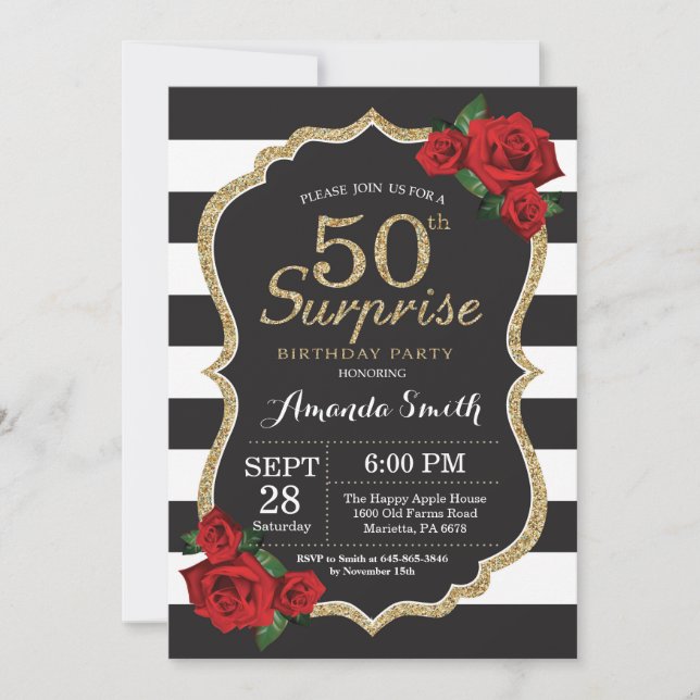 Surprise Red Rose 50e anniversaire Invitation Or (Devant)