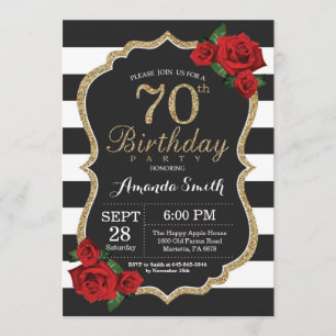 Surprise Red Rose 70th Birthday Invitation Gold