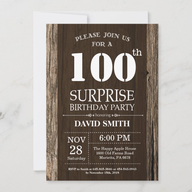 Surprise Rustic 100e anniversaire Invitation Vinta (Devant)