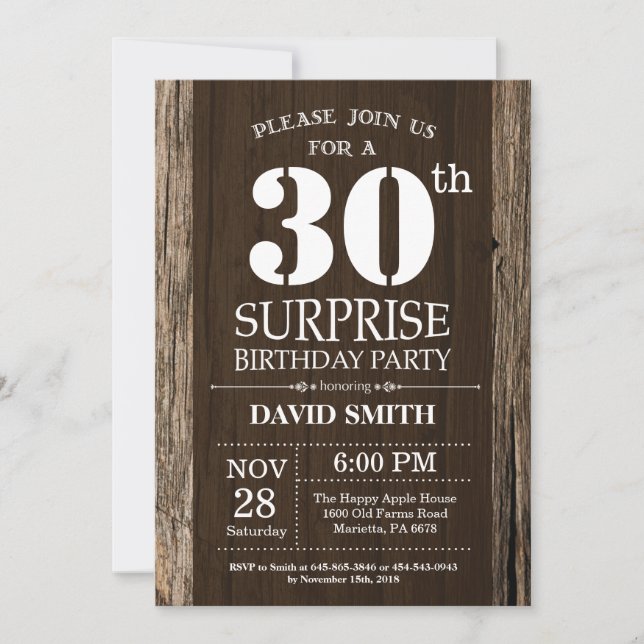 Surprise Rustic 30e anniversaire Invitation Vintag (Devant)