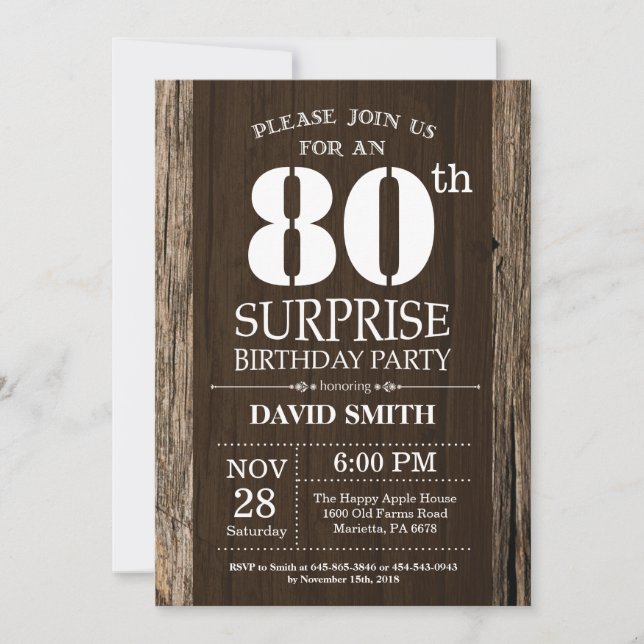 Surprise Rustic 80e anniversaire Invitation Vintag (Devant)