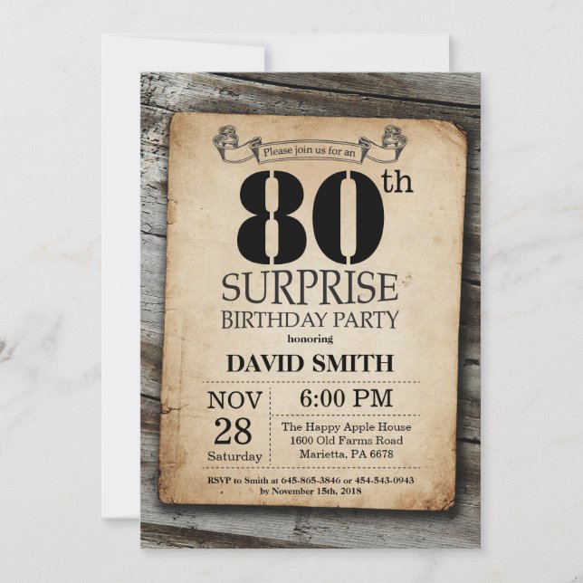 Surprise Rustic 80e anniversaire Invitation Vintag (Devant)