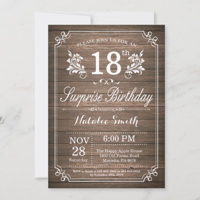 Surprise Rustique 18e anniversaire Invitation Flor (Devant)