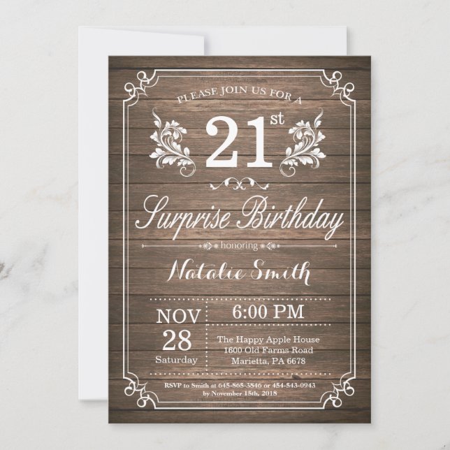 Surprise Rustique 21e anniversaire Invitation Flor (Devant)