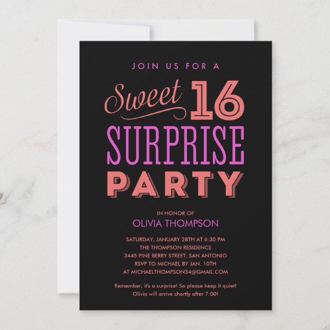 Surprise Sweet 16 Invitations (Devant)