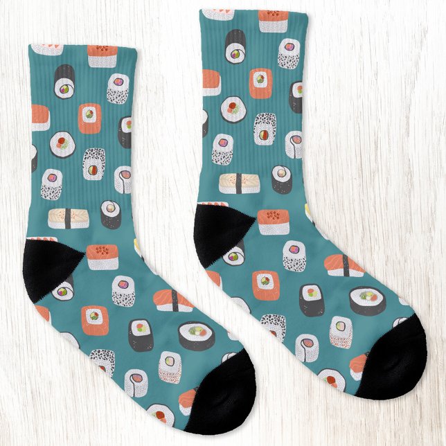 Sushi (Japanese sushi food art teal green pattern socks)