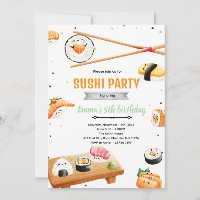 Sushi birthday kid party invitation (Devant)