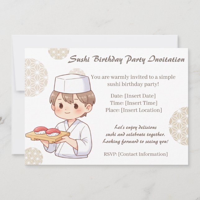 Sushi Birthday Party Invitation with Cute Anime  (Devant)