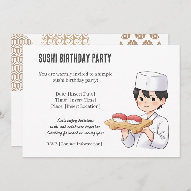 Sushi Birthday Party Invitation with Cute Anime  (Devant / Derrière)