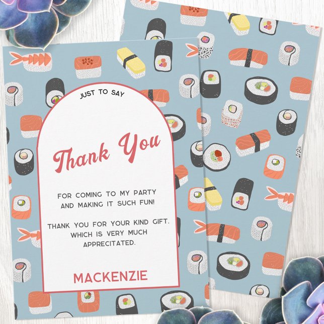 Sushi Party Carte de remerciements (Japanese sushi themed personalized thank you card with custom text)