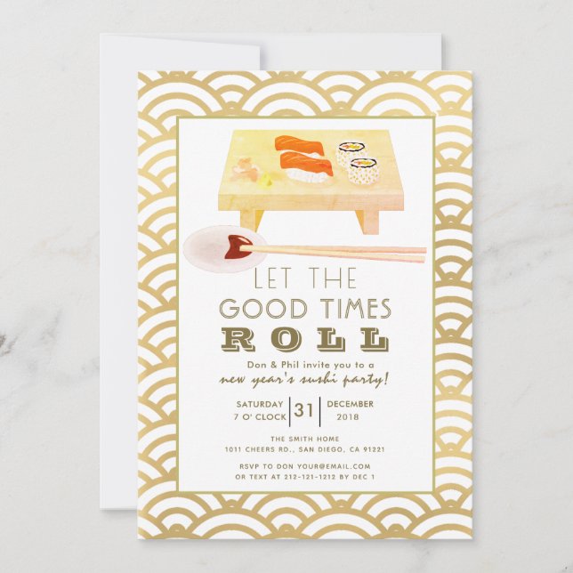 Sushi Roll Gold New Year's Party Invitation (Devant)