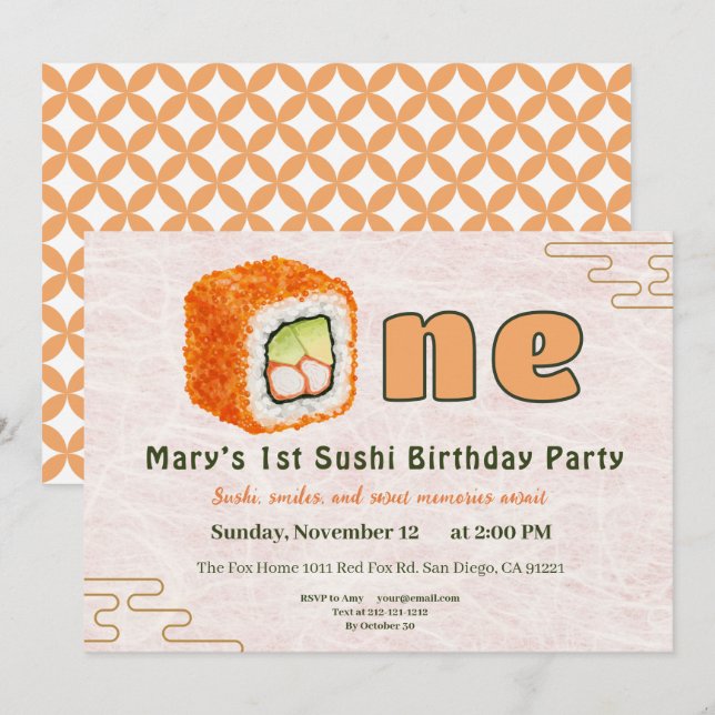 Sushi-Themed 1st Birthday Invitation (Devant / Derrière)