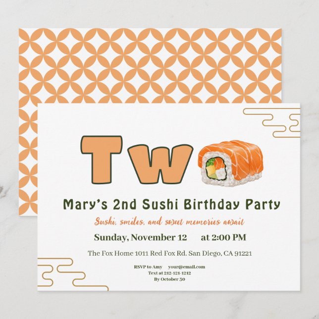  Sushi-Themed 2nd Birthday Invitation (Devant / Derrière)