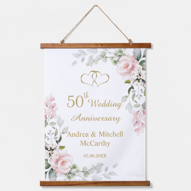 Suspendue 50e anniversaire de Mariage Rose Coeurs Tapisserie (Recto)