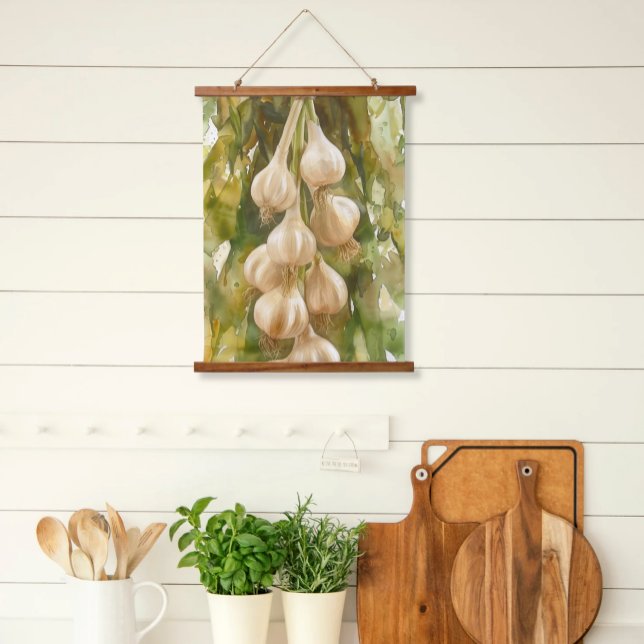 Suspendue Aquarelle pendante Aquarelle Tapisserie Arbre (Hanging Kitchen Wood Top Scroll Art Hanging Garlic Watercolor Green Washes European Country Style)