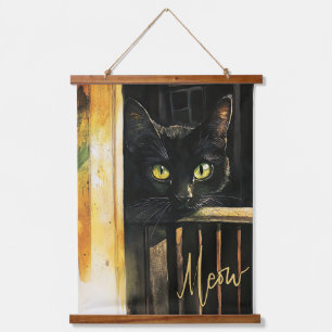 Suspendue Chat noir sur Porch Bois Taché Tapisserie OEuvre m