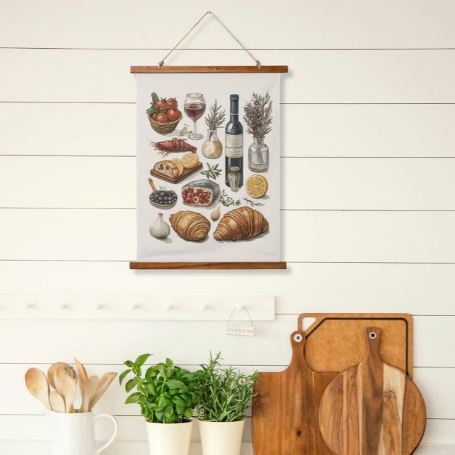 Suspendue Plats culinaires Aquarelle Tapisserie Arbre (Hanging Kitchen Wood Top Scroll Art Cullinary Delights Watercolor Food Illustrations Farm to Table)