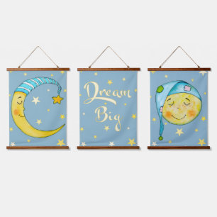 Suspendue Tapisserie Jaune Bleu Lune Étoiles pour la Chambre