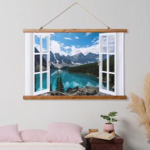 Suspendue Vue Fenêtre Montagnes Et Tapisserie De Lac Wall