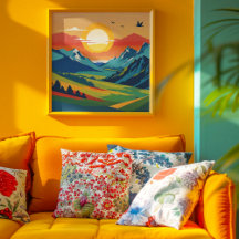 Retro Mountain Landscape Illustration Colorful