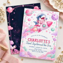 Cute Space Shark 3rd Birthday Party Invitations
