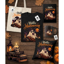 Cute Ghost Drinking Coffee Hello Halloween Collect