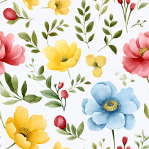 Red Blue Vibrant Meadow Blossoms Floral Pattern