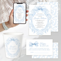 Blue Toile Frame with Bow Coquette Baby Boy Shower