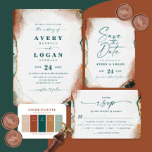 Abstract Watercolor Teal & Copper Wedding Suite