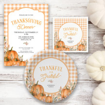 Thanksgiving Dinner Gingham Pumpkin Autumn Leaves