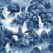Japanese water garden in a blue white porcelain