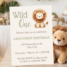 Wild One Safari Lion Birthday Invitations
