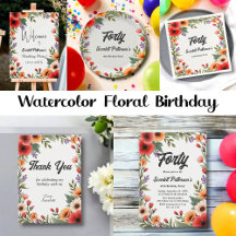 Elegant Rustic Watercolor Floral 40th Birthday